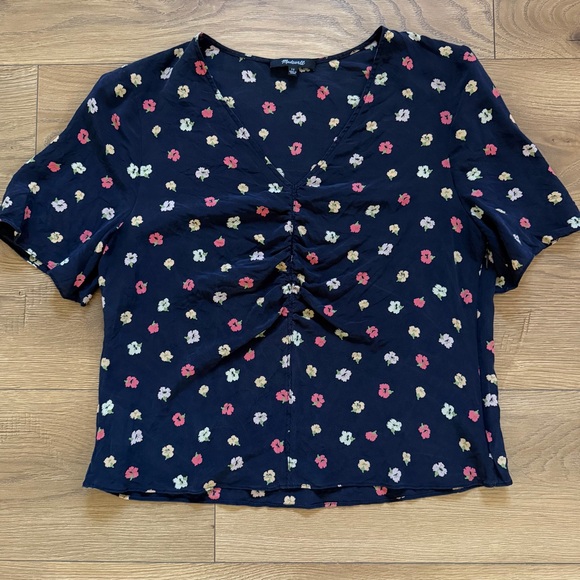 Madewell 100% Silk Floral Blouse Women’s 12 Navy V-Neck Ruched Short Sleeve - Picture 2 of 8